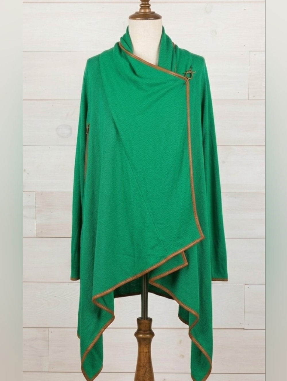 Ralph Lauren L Kelly Green Viscose Cashmere Wrap Cardigan Leather Trim Toggle
